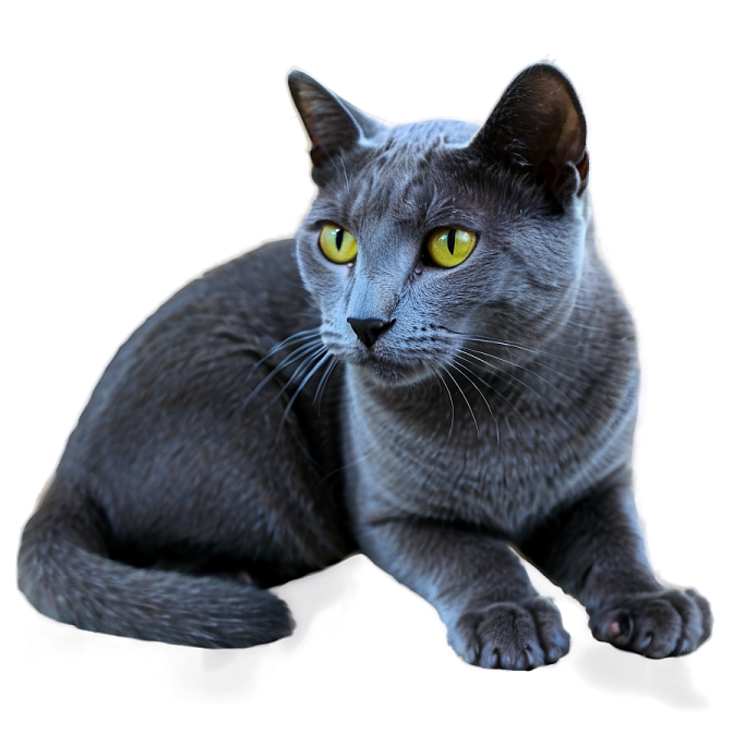 a gray cat with yellow eyes laying down