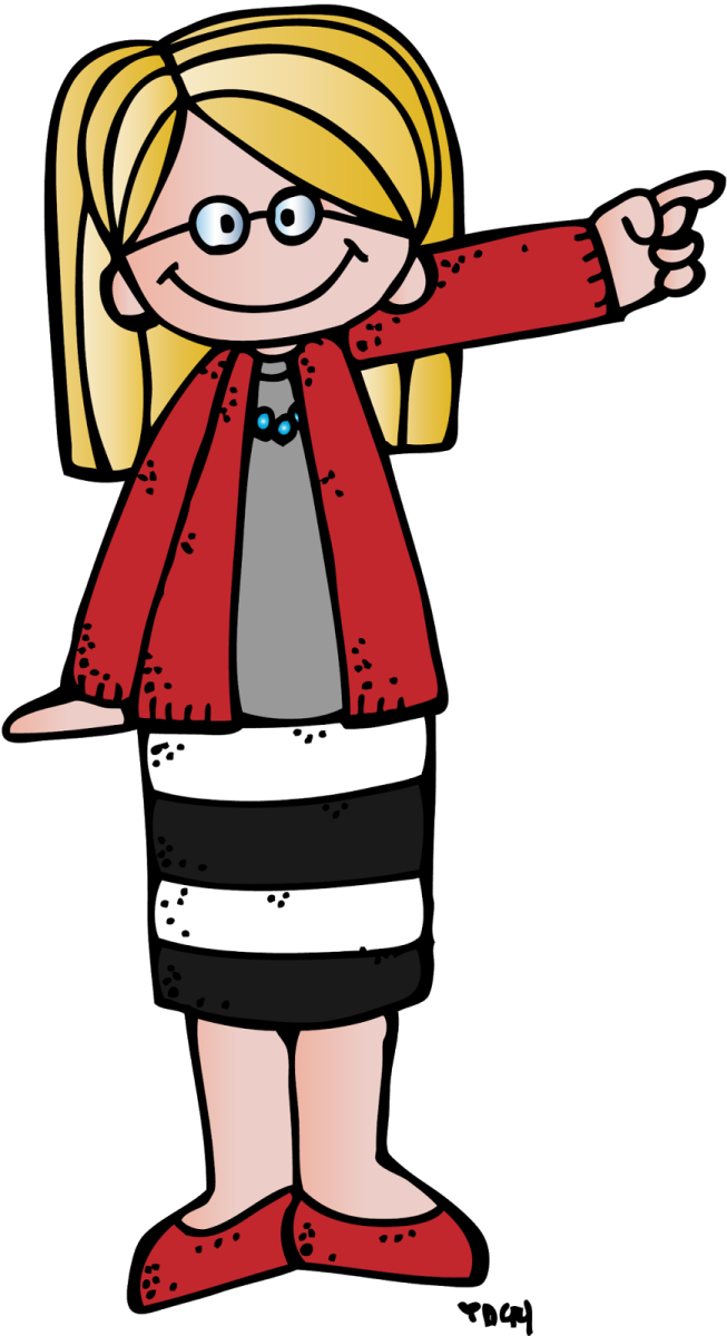 a woman in a red jacket pointing at something