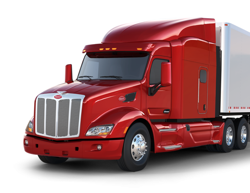 a red semi truck on a white background
