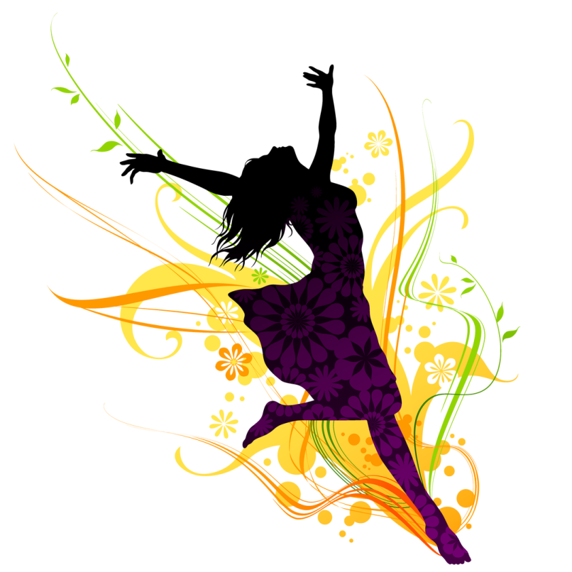 a woman dancing with flowers and swirls