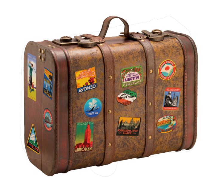 an old suitcase with stickers on it