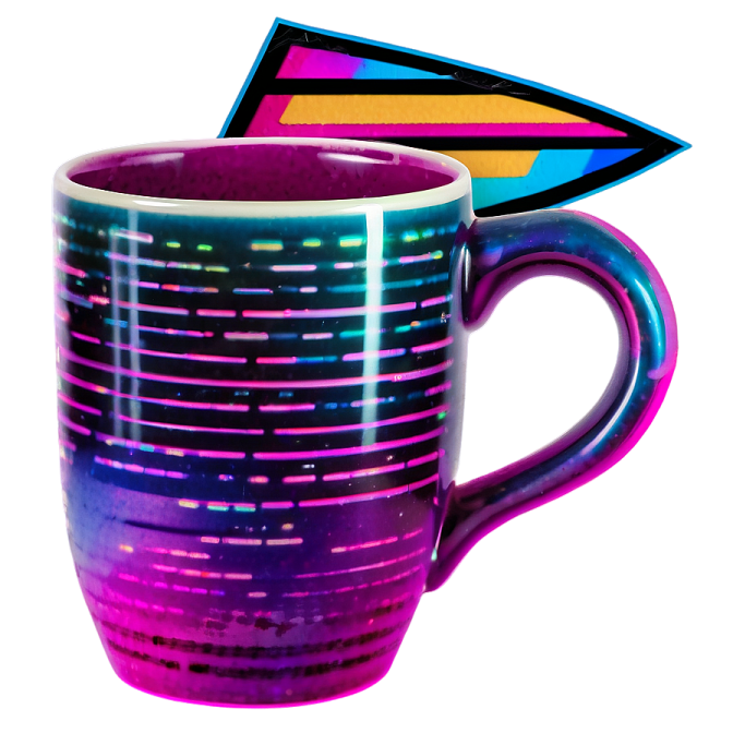a purple and blue mug sitting on top of a white surface