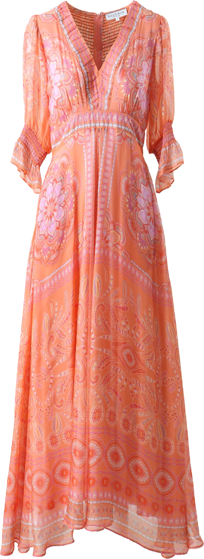 a women's dress in an orange paisley print