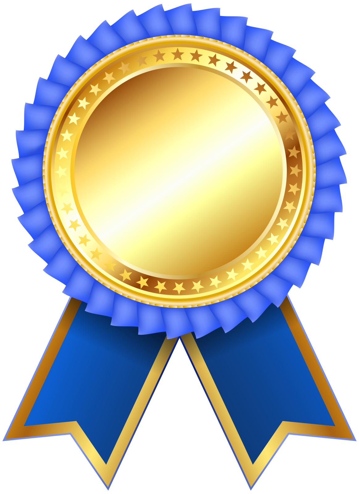 a gold medal with blue ribbon and stars