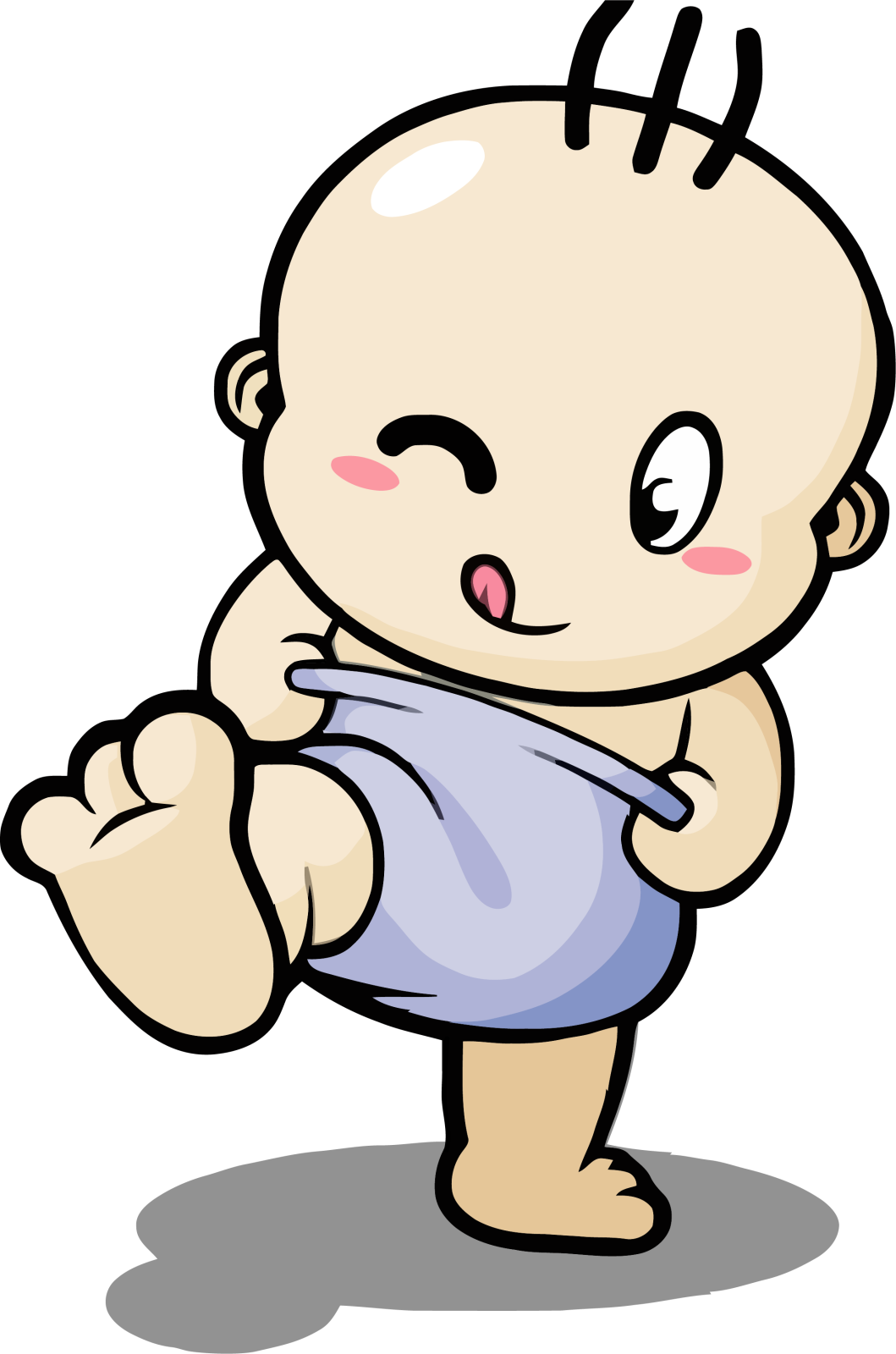 a baby in a blue shirt standing with his arms crossed