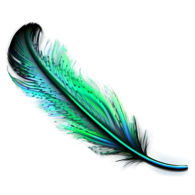 a blue and green feather on a white background