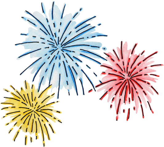 three watercolor fireworks on a white background
