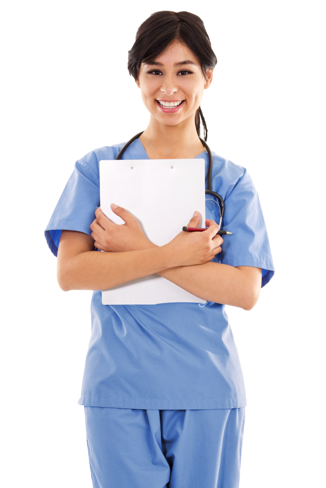 a woman in scrubs holding a clipboard
