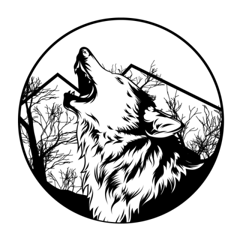 a howling wolf with the moon behind it