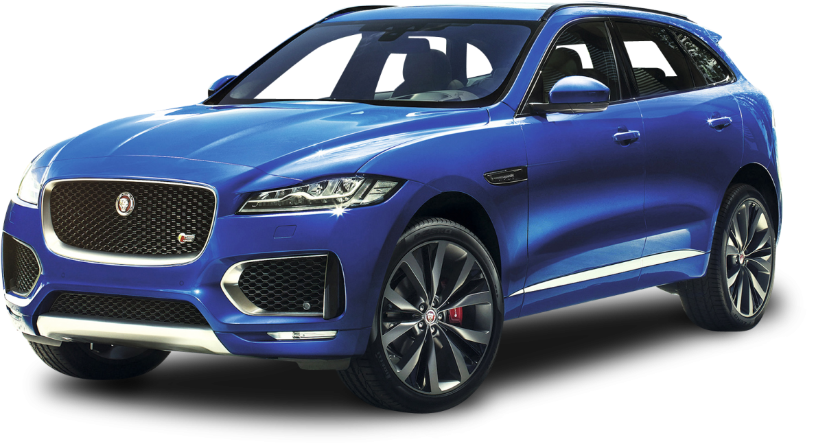 a blue jaguar suv on a white background