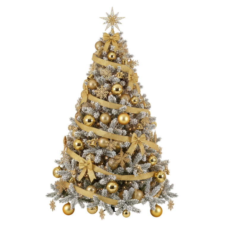 a christmas tree with gold and silver decorations