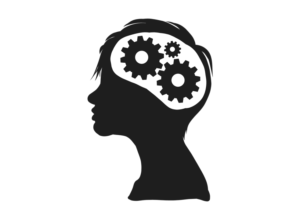 a silhouette of a person's head with gears inside