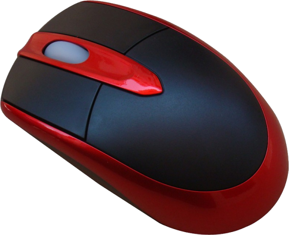 a red and black mouse on a white background