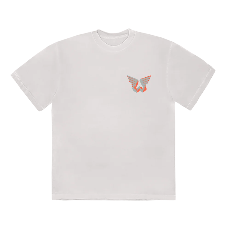 a white t - shirt with an orange and grey logo on the front