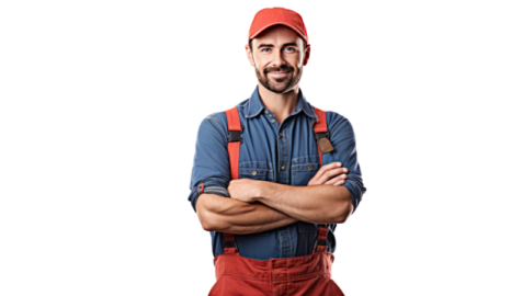 a man wearing overalls and a red hat with his arms crossed