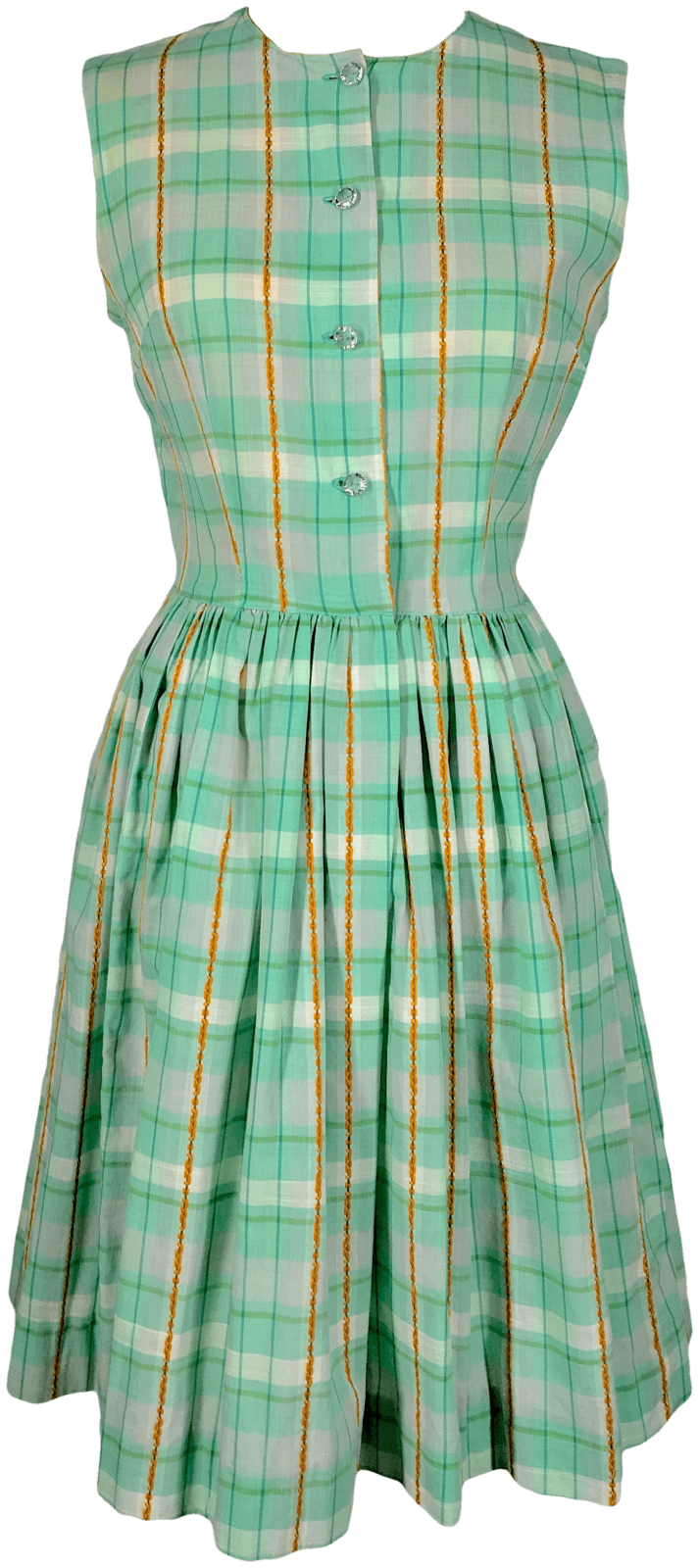 a green plaid dress with orange and white stripes
