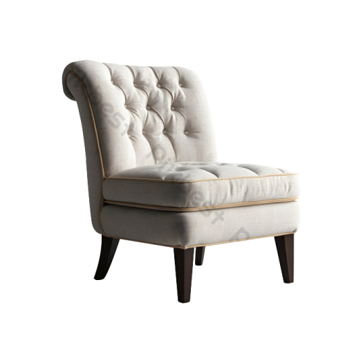 a white chair with a buttoned back and wooden legs