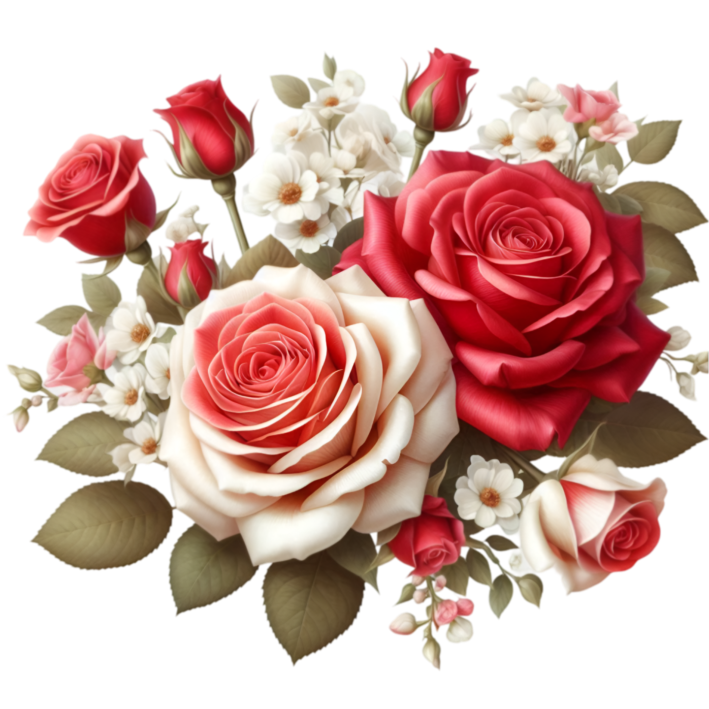 a bouquet of red roses and white flowers