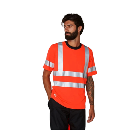 a man wearing an orange safety vest