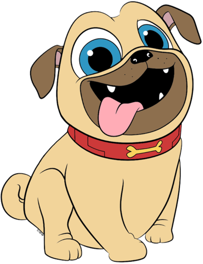 a cartoon dog with blue eyes and a red collar
