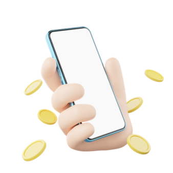 a hand holding a phone with coins coming out of it
