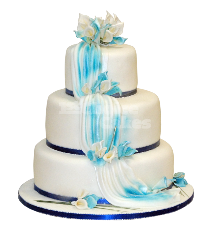 a three tiered cake with blue and white flowers