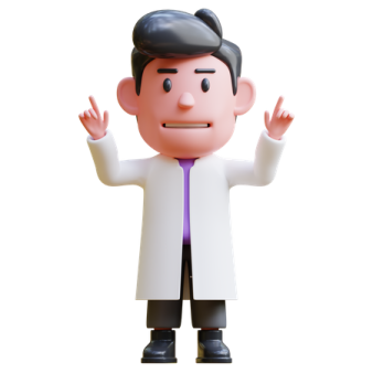 a man in a lab coat with his hands up