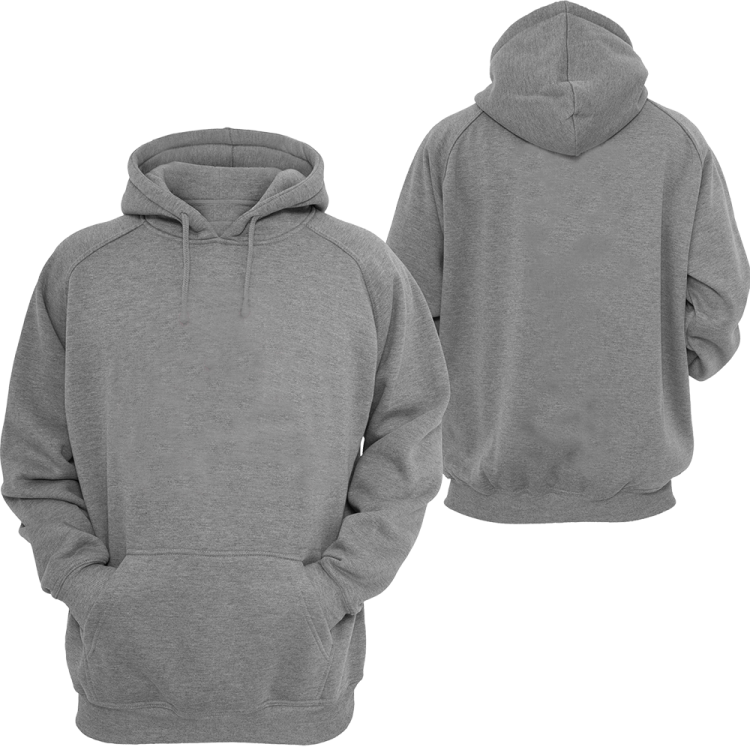 a grey hoodie with a white logo on the front