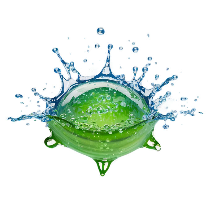 a green apple with water splashing on it