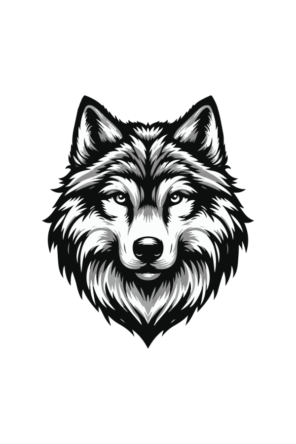 the head of a wolf in black and white