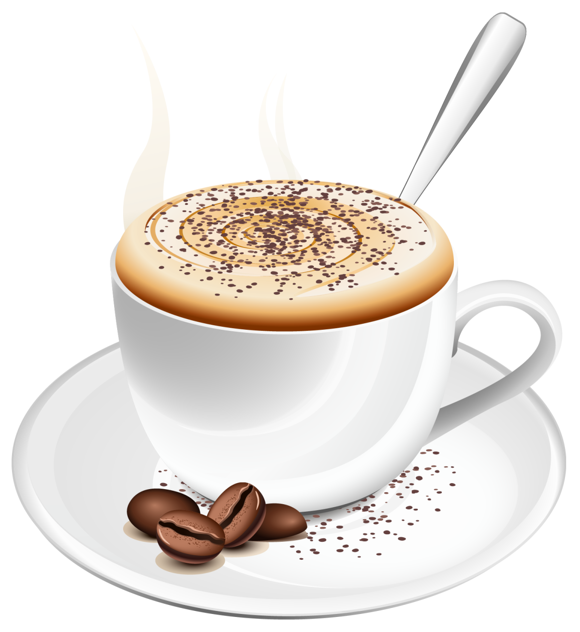a cup of coffee with a spoon and beans