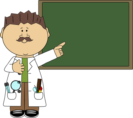 a cartoon scientist pointing at a blackboard