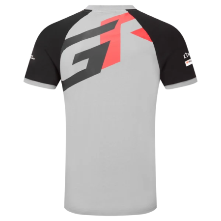 a grey and black t - shirt with red logo on the chest