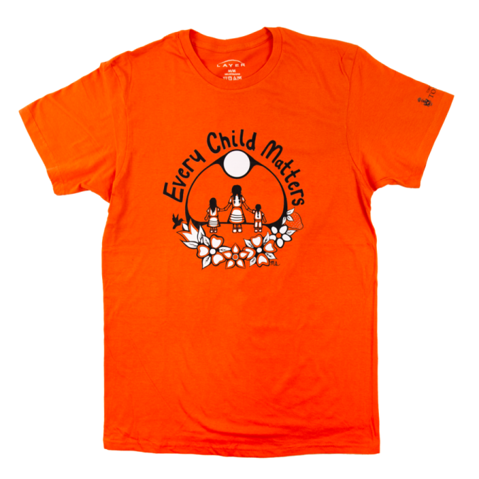 an orange t - shirt with a black and white logo on the front