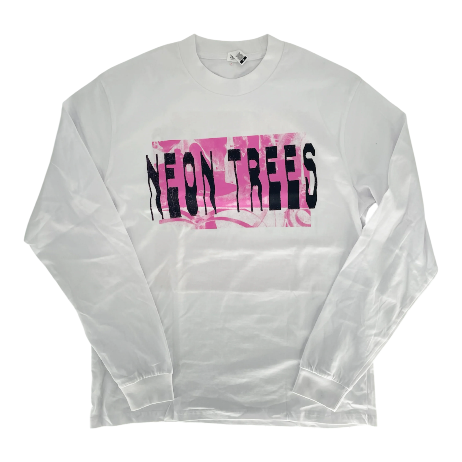 a white sweatshirt with pink and black letters on it