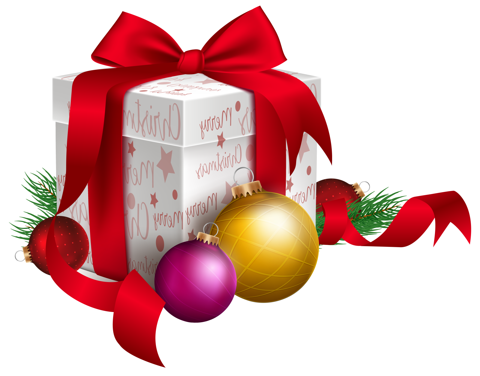 a christmas present box with red ribbon and ornaments