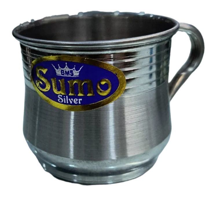 a metal cup with the word's silver on it