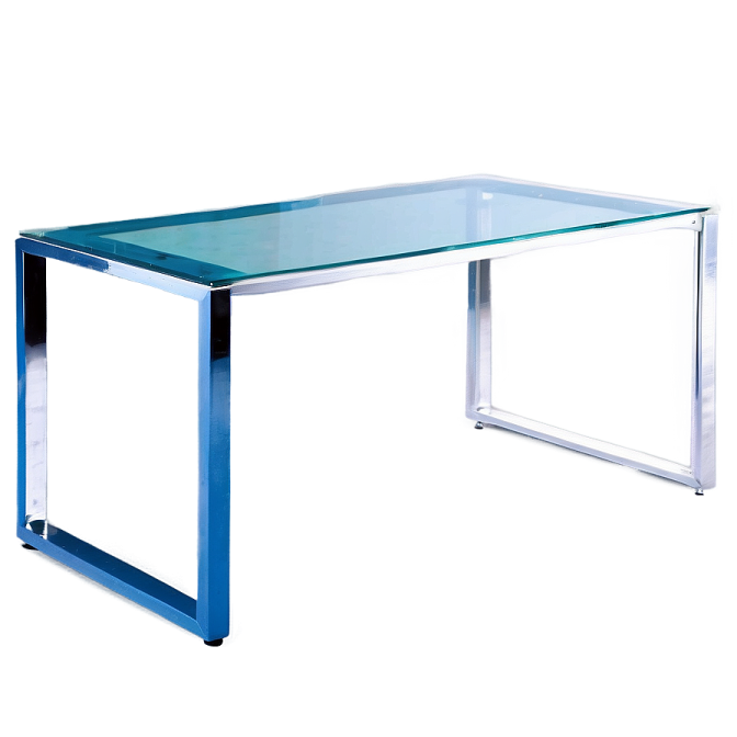a blue glass desk with chrome legs