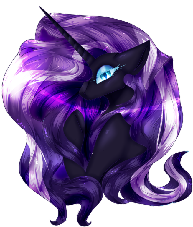 a black cat with purple hair and blue eyes