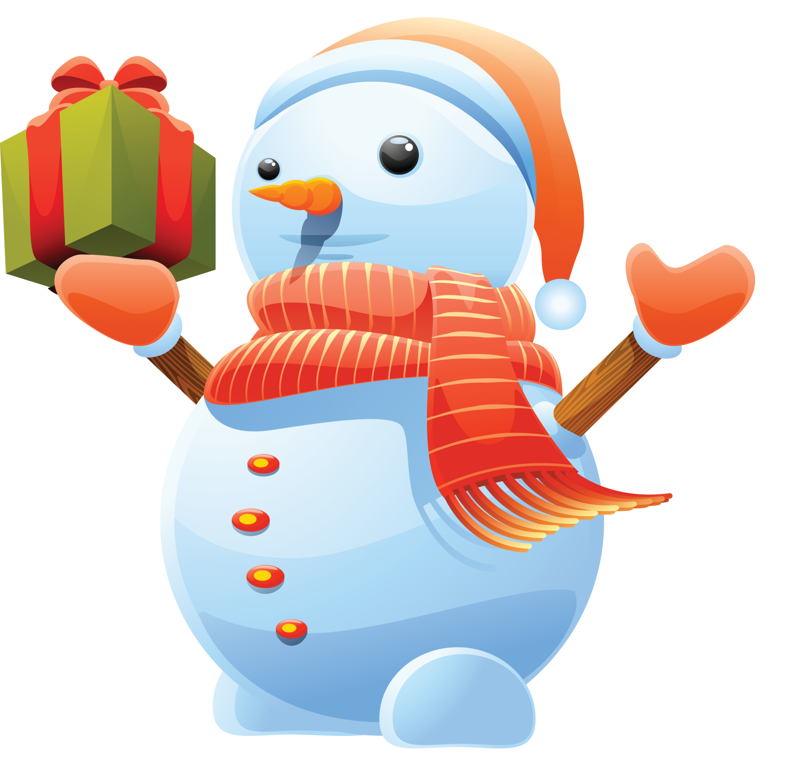a cartoon snowman holding a gift box