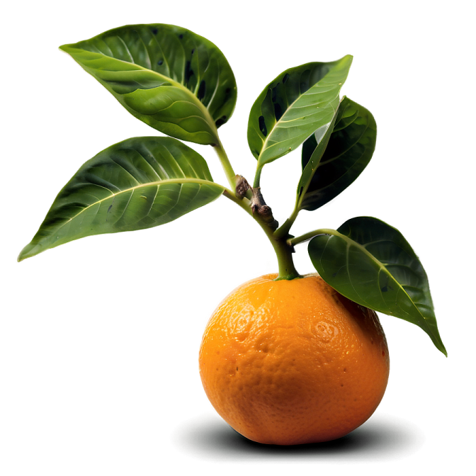 an orange with green leaves on a white background