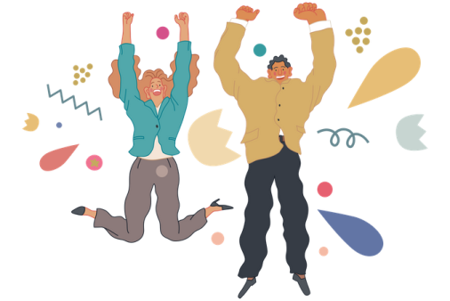 two people jumping in the air with their hands up