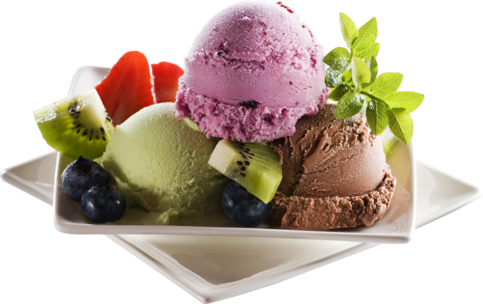 a plate with three scoops of ice cream and fruit