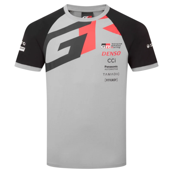 a grey t - shirt with black and red detailing