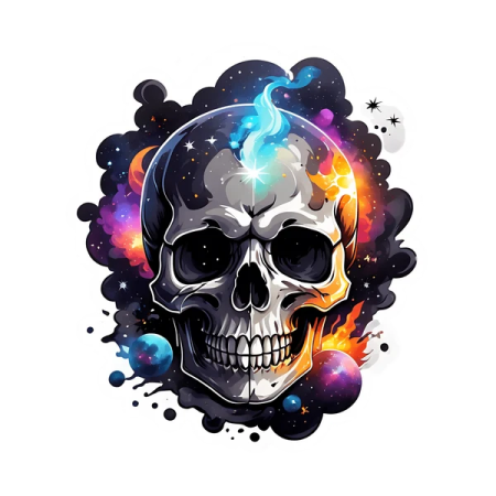 a skull with colorful smoke and stars in the background