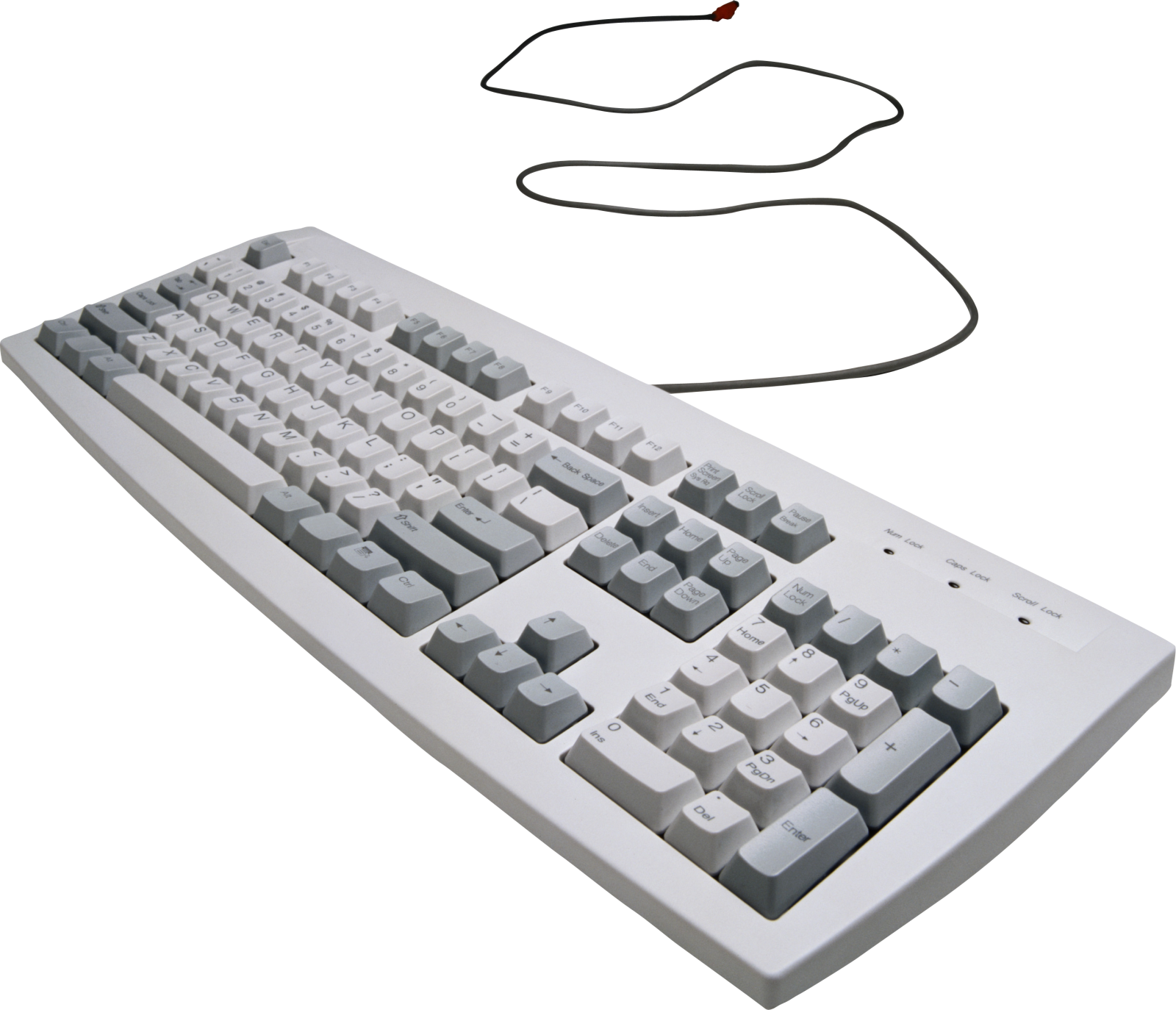 a computer keyboard with a cable attached to it