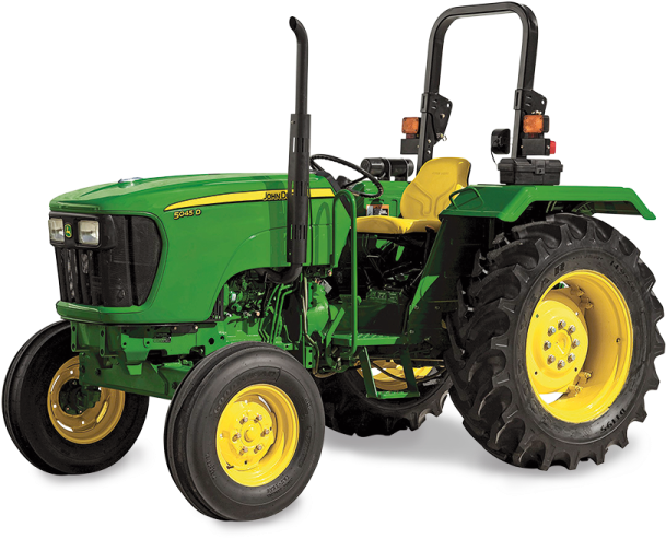 a green tractor with yellow wheels