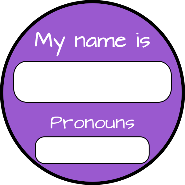 a purple circle with the words my name is pronouns