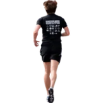 a man in a black shirt and shorts running