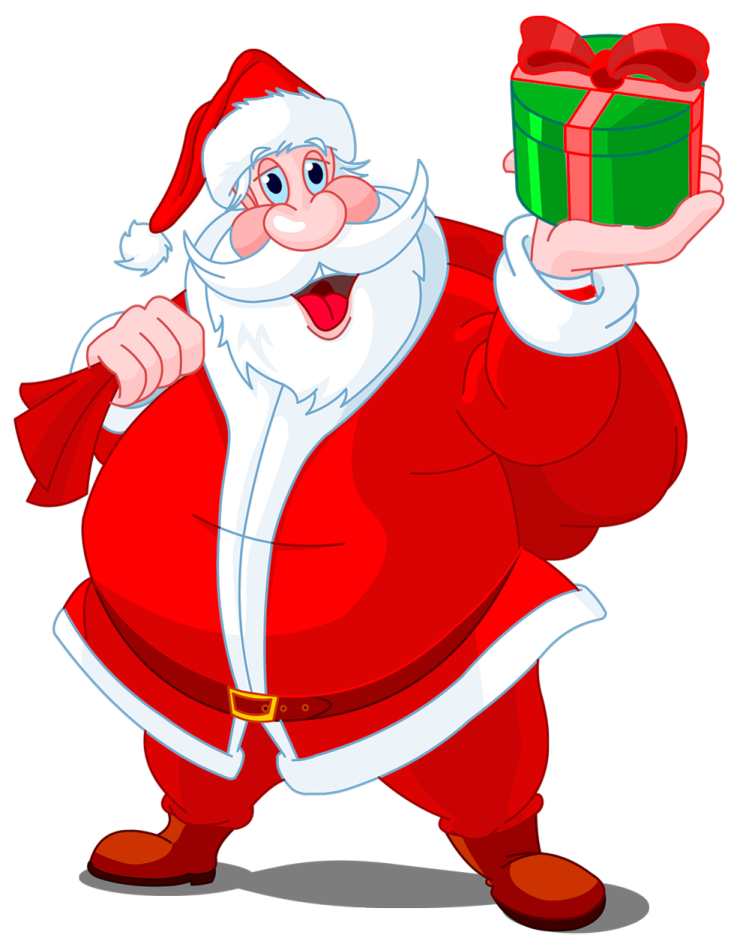 a cartoon santa holding a present box